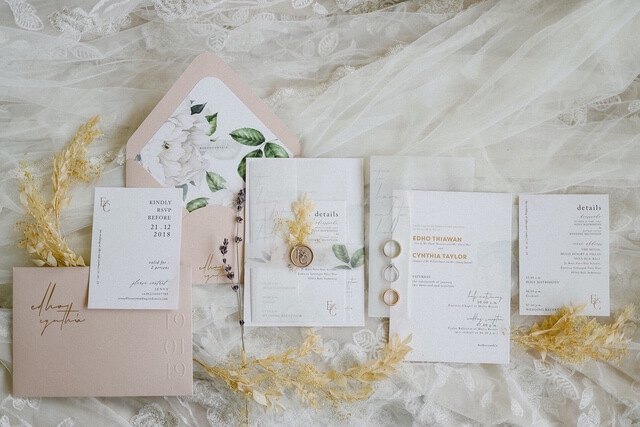 Wedding invitation and additional literature with envelopes